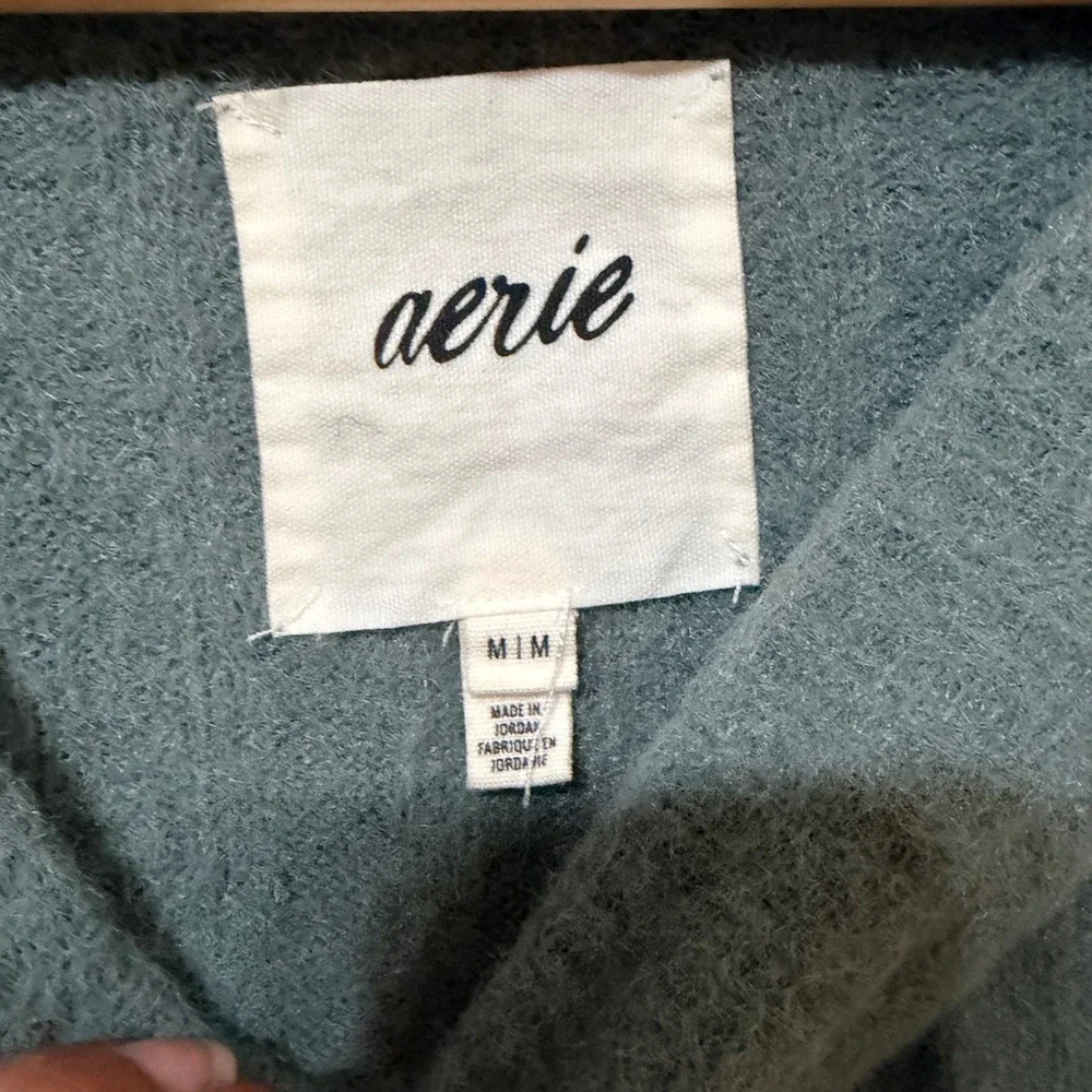 Aerie Womens Ribbed Oversized Balloon Sleeve Fuzzy Knit Sweater Teal Blue Medium